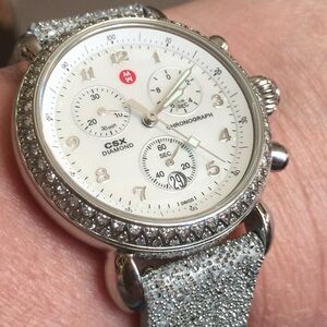Michele CSX chronograph genuine diamond and stainless steel watch w/leather band